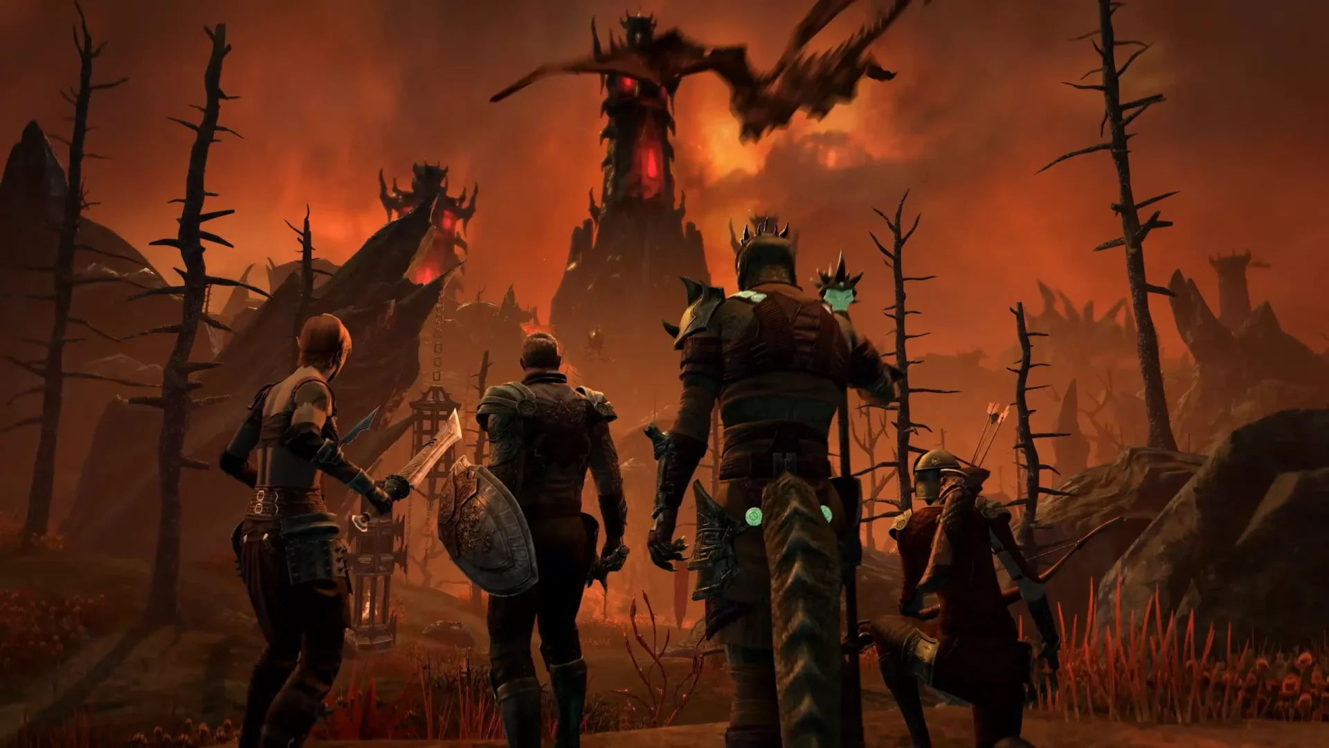 Image from The Elder Scrolls Online: Necrom showing a group of adventurers approaching a dark, volcanic landscape with twisted trees and glowing red towers in the distance.